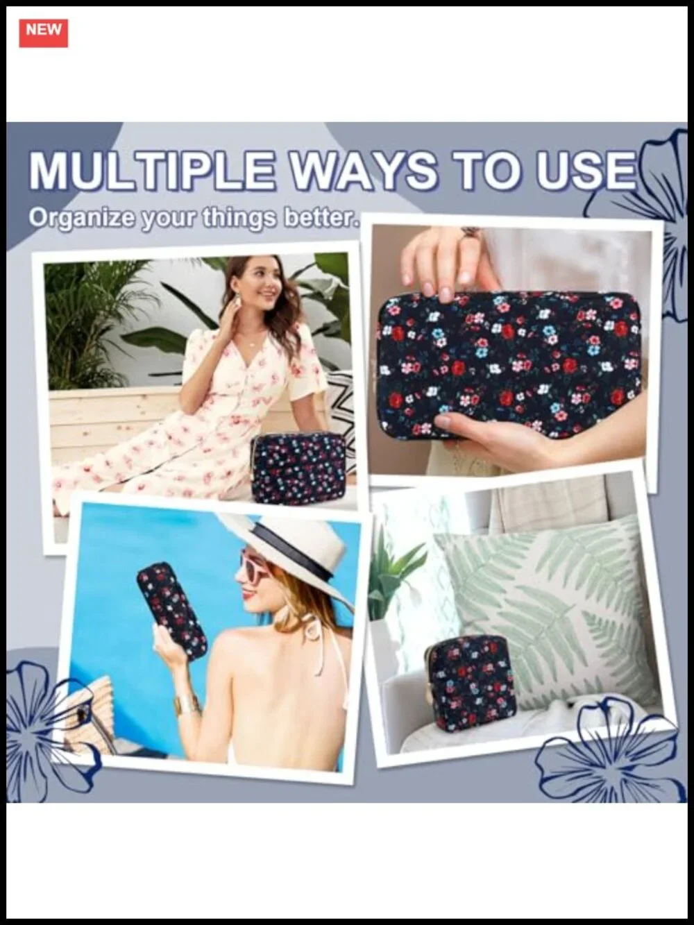 Waterproof Floral Makeup Bag Nylon Cosmetic Travel Pouch Organizer Cute Zipper